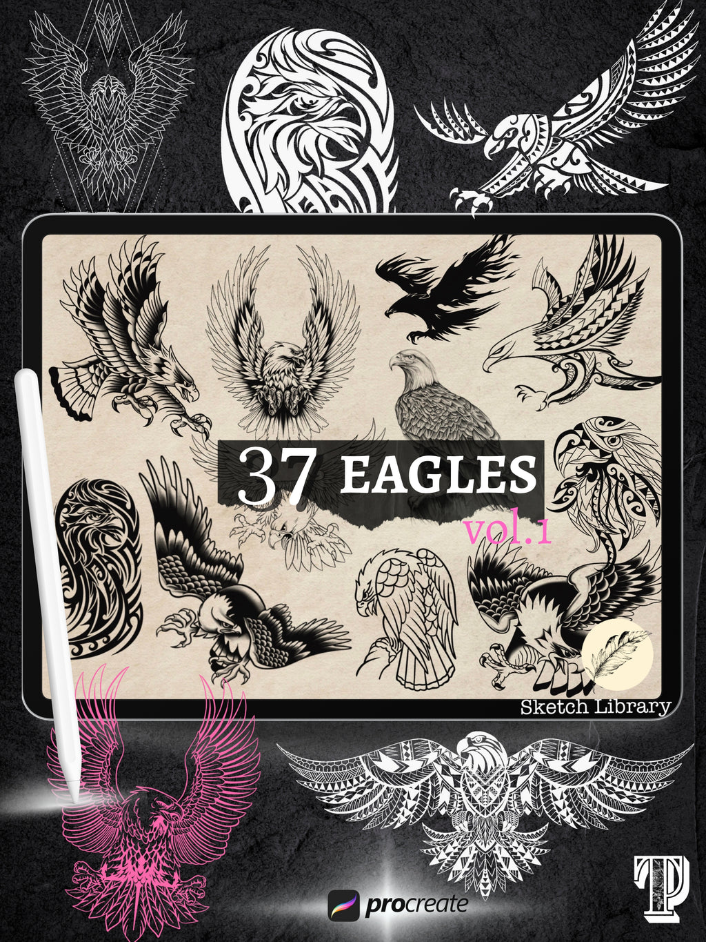 37 Eagles tattoo brushes for Procreate, stamps, outline for tattoo stencil, old school, polynesian, tribal, ipad, ipad pro