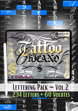 Chicano Lettering Pack vol.2, 9 Alphabets, 234 pinceaux Chicano Gothic/Tattoo Letters pour Procreate, police, tag, tatouage, calligraphie, typographie pour Ipad et Ipad Pro
