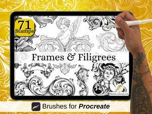 Frames and filigrees vol. 2 brush set, 71 stamps for procreate, tattoo stencil, outline version, for IPad and Ipad pro