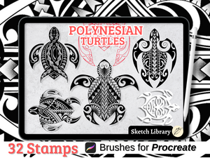 32 Polynesian Turtle Tattoo Brushes for Procreate, Tattoo Stamps for iPad & iPad Pro, Outline & Shading Versions, Traditional Polynesian Designs