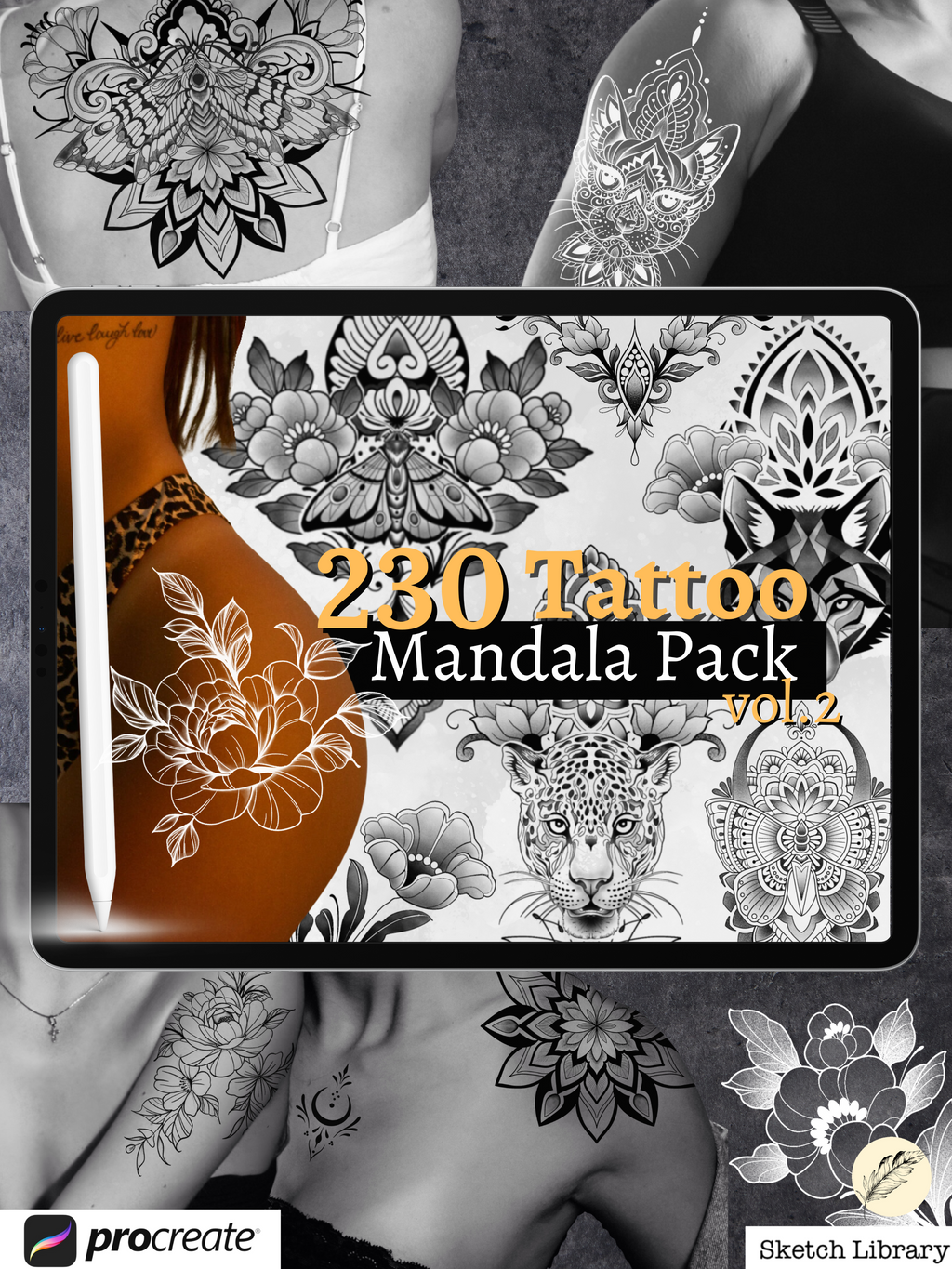 230 Mandala brushes for procreate vol.2 // tattoo stamps, mandala, insect, butterfly, tiger, wolf, peony, animals, unlimited creation