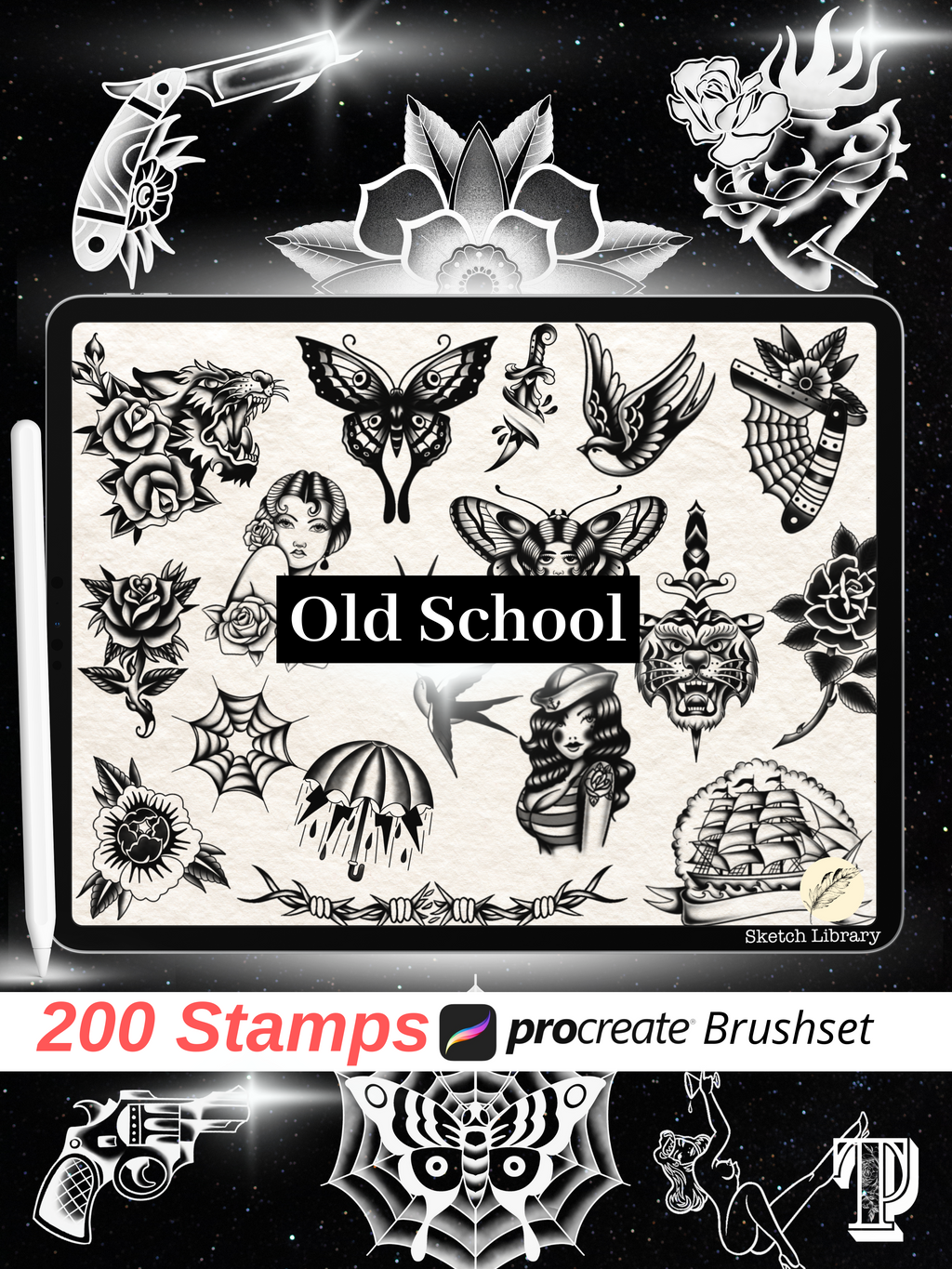 200 Flash Tattoo Brushes for Procreate | Volume 2  Tattoo Stamps for iPad &amp; iPad Pro | Outline &amp; Shading Versions | Old School Flash Designs