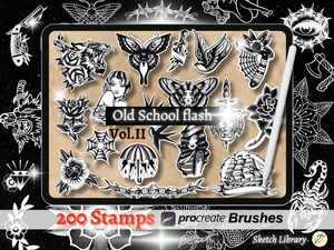 200 Flash Tattoo Brushes for Procreate | Volume 2  Tattoo Stamps for iPad &amp; iPad Pro | Outline &amp; Shading Versions | Old School Flash Designs