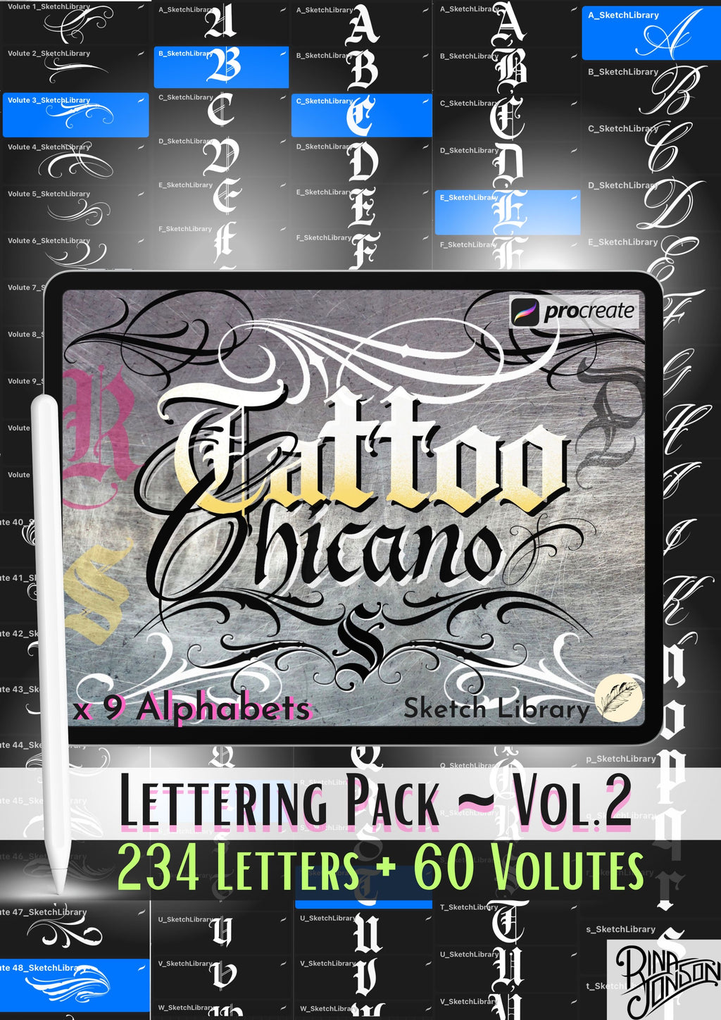 Chicano Lettering Pack vol.2, 9 Alphabets, 234 Chicano Gothic/Tattoo Letters brushes for Procreate, font, tag, tattoo, calligraphy, typography for Ipad & Ipad Pro