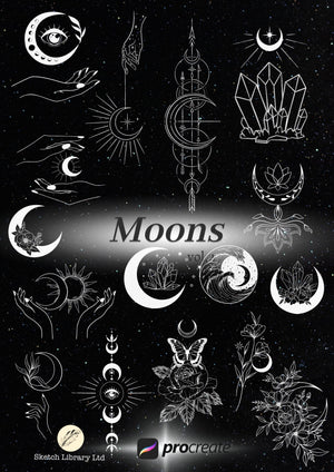 62 Moons brushes for procreate, TATTOO stamps,  flash, Ipad pro, snake, peony, spiritual, ornaments, lotus, small commercial license,