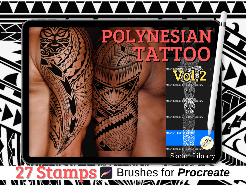 27 Polynesian vol.2 Sleeve, Tattoo brushes for Procreate Tattoo Stamps, Brush set on Ipad pro and Ipad, Commercial License, Stencil