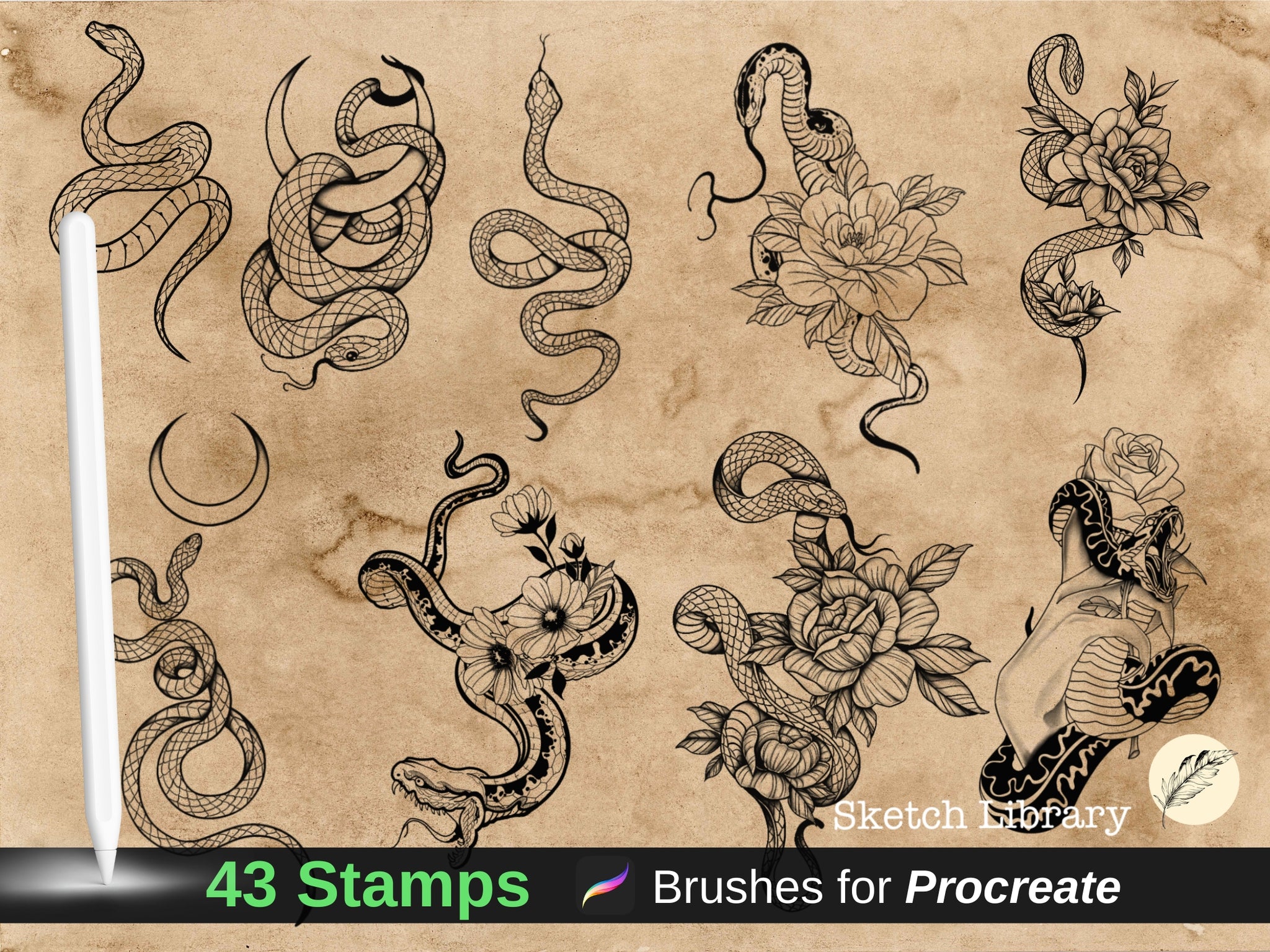 43 snakes brushes for procreate, tattoo design, outline,  stencil, tattoo stamps, commercial license, i pad & Ipad pro, old school, peony, sailor, rose,