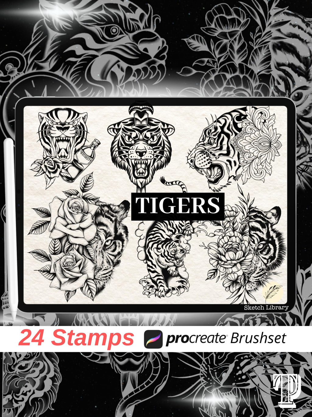 24 Tigers tattoo brushes for Procreate // tattoo stamps, with outline version for tattoo stencil, old school, tribal, ipad and ipad pro</p> <p data-mce-fragment="1">&nbsp;</p> <p data-mce-fragment="1">&nbsp;</p>