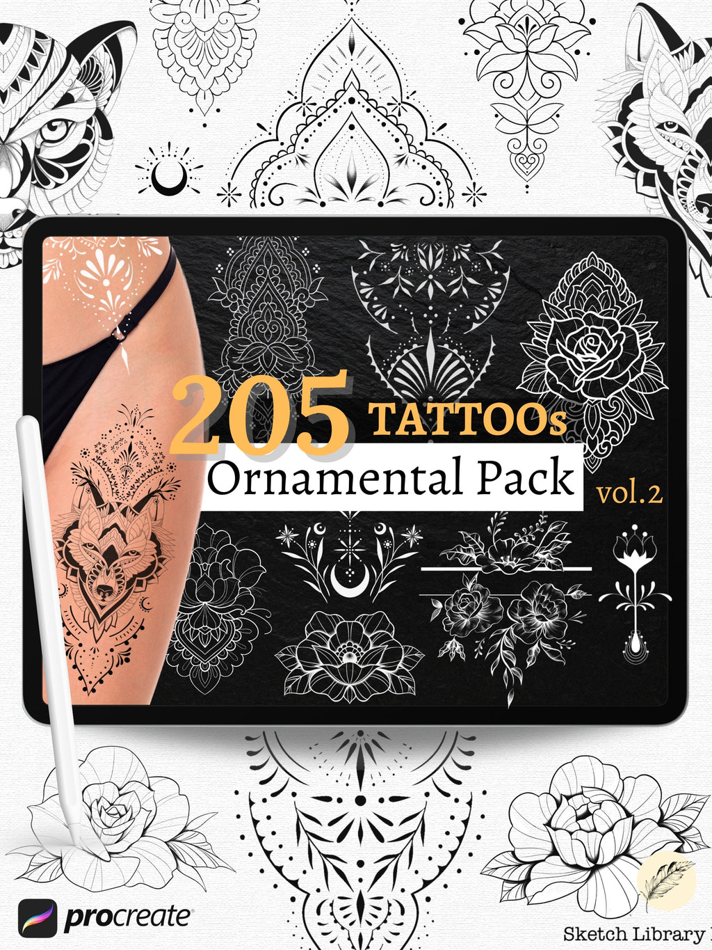205 Ornaments brushes for procreate vol.2 // tattoo stamps, mandala, floral, rose, peony, animals