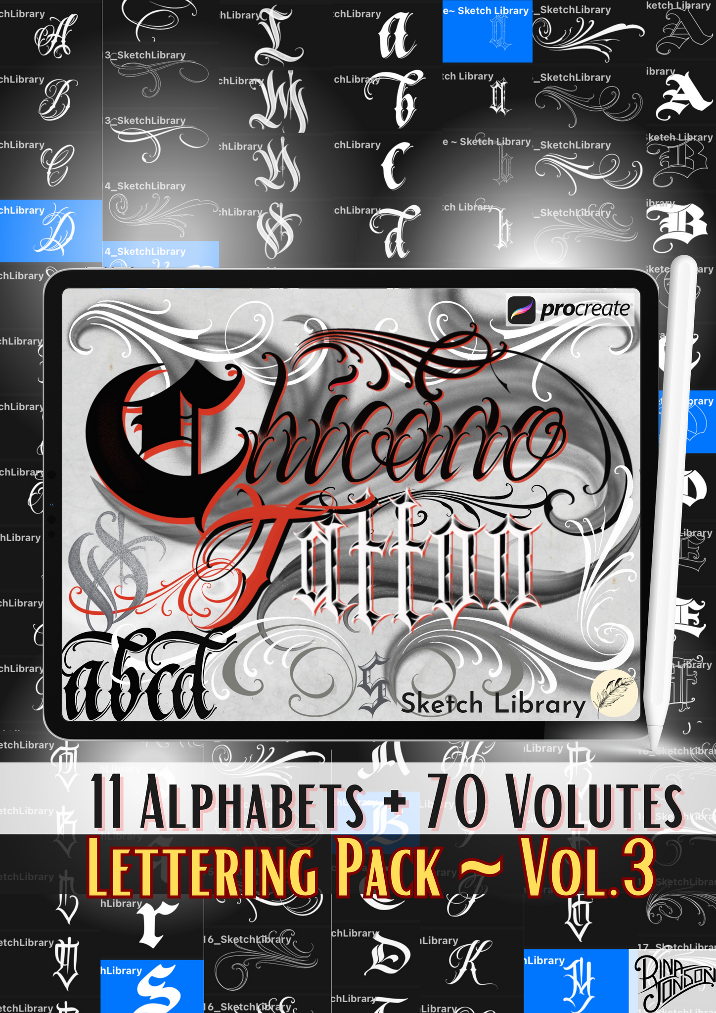 Chicano BrushPack Vol.3 11 Alphabets & Volutes brushes for procreate, Ipad and Ipad pro, tattoo stamps, stencil, font, calligraphy, graffiti
