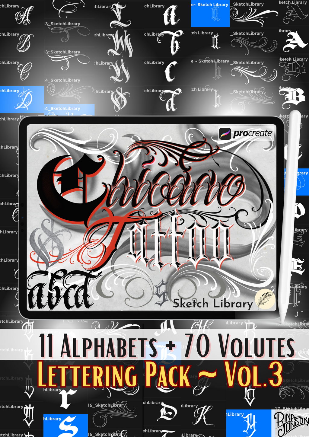 Chicano BrushPack Vol.3 11 Alphabets & Volutes brushes for procreate, Ipad and Ipad pro, tattoo stamps, stencil, font, calligraphy, graffiti
