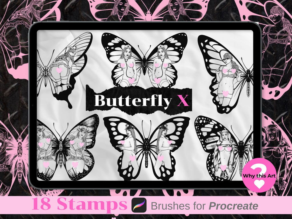 18 Butterflies with nude pinup procreate brushes, sexy, woman, pinup, erotic, girl, fetish, tattoo, stencil, porn, gift, milf