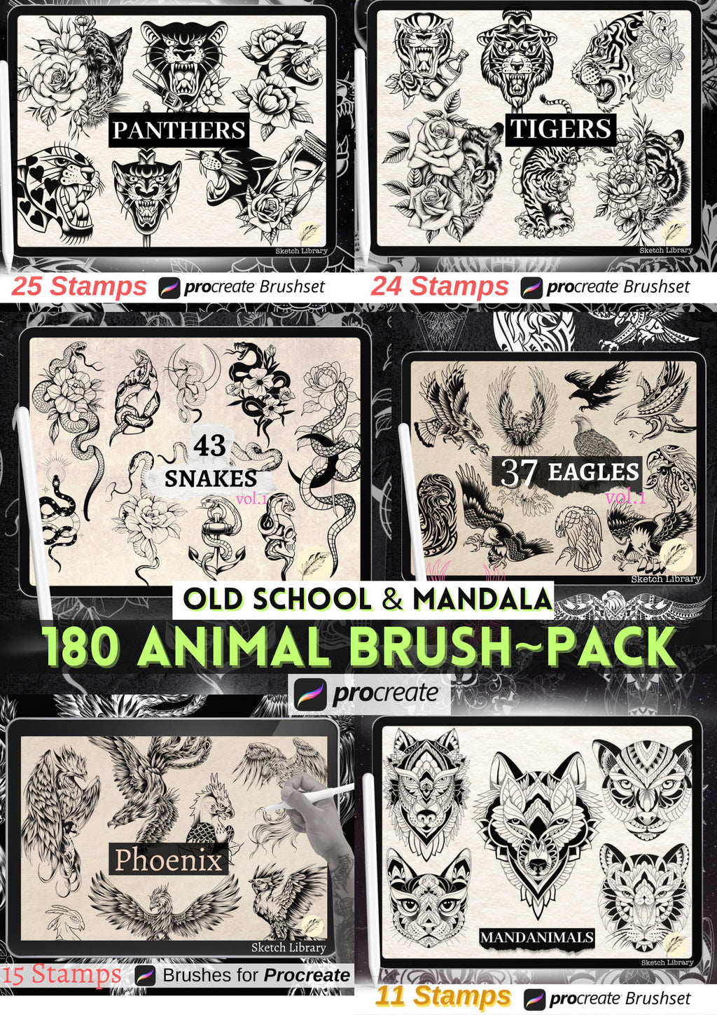 Animaux Olschool Brushpack pour procréer, 180 tampons de tatouage, old school et mandala, style, pochoir, tigres, hiboux, panthères, serpents, phénix, serpents.