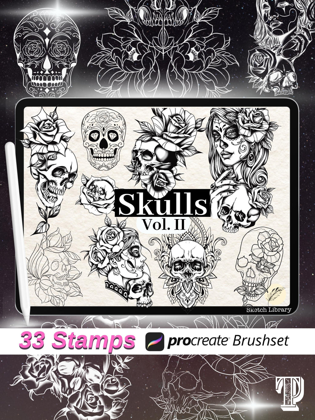 33 Skulls Tattoo Stamps // Brushes for Procreate, Catrina, mexican skulls, sugar skull, ipad, Ipd pro