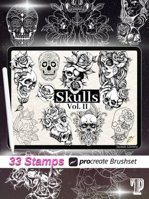 33 Skulls Tattoo Stamps // Brushes for Procreate, Catrina, mexican skulls, sugar skull, ipad, Ipd pro