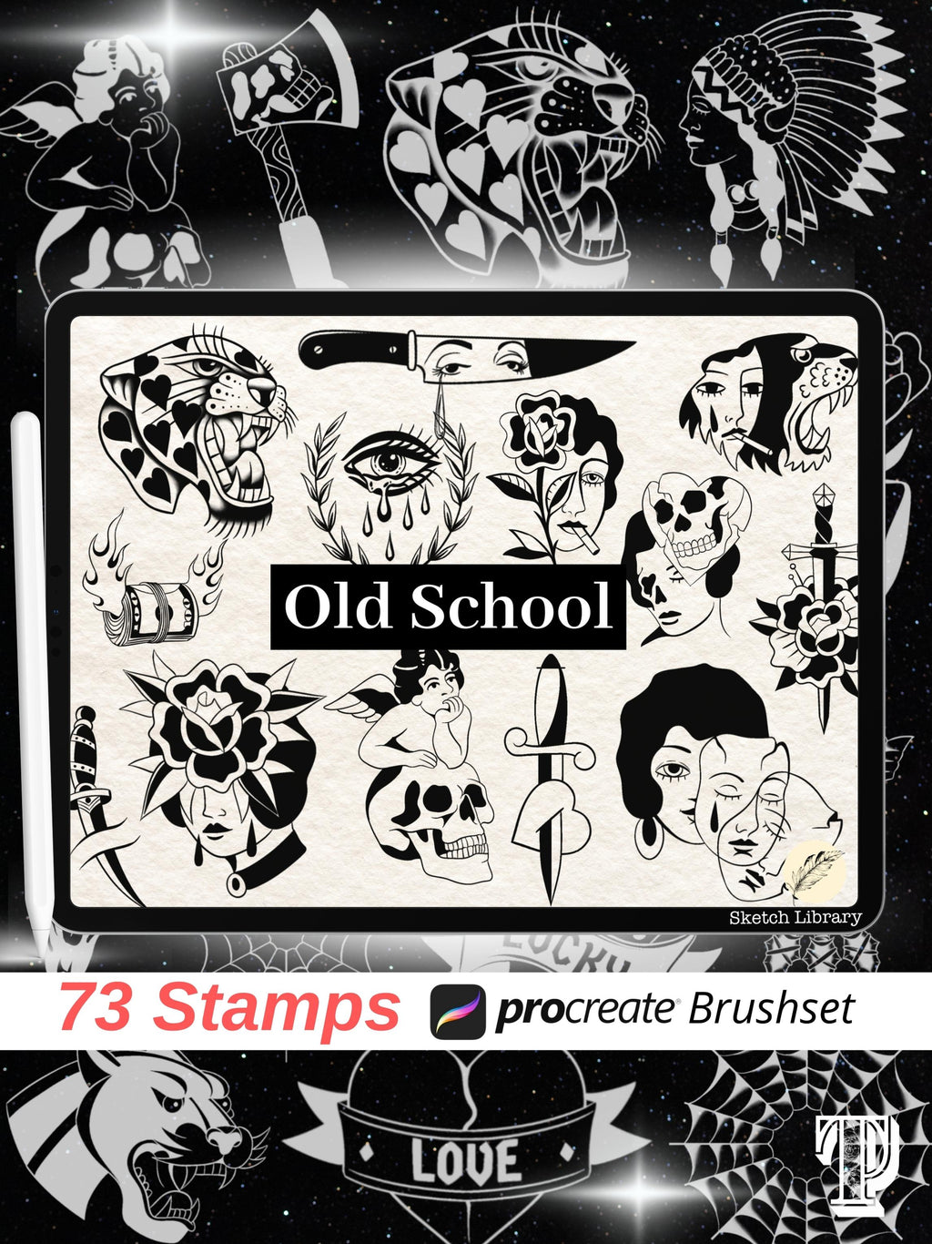 73 Old school tattoo brushes for Procreate // tattoo stamps, stencil, panther, rose, skull, woman's face, knife, for ipad and ipad pro
