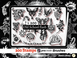 200 Flash Tattoo Brushes for Procreate | Volume 2  Tattoo Stamps for iPad &amp; iPad Pro | Outline &amp; Shading Versions | Old School Flash Designs