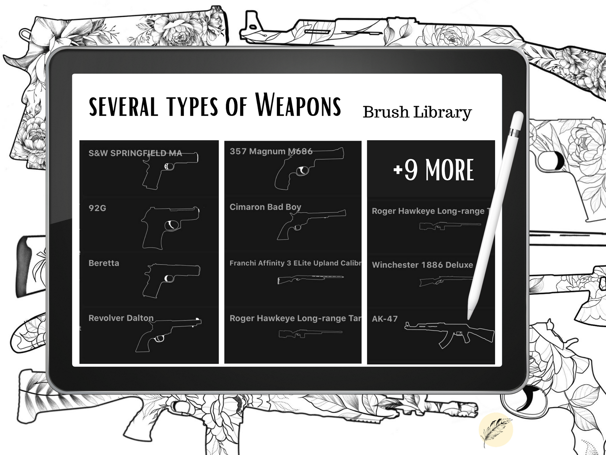 Peony & Weapons Armory tattoo set // 60 Brushes for Procreate