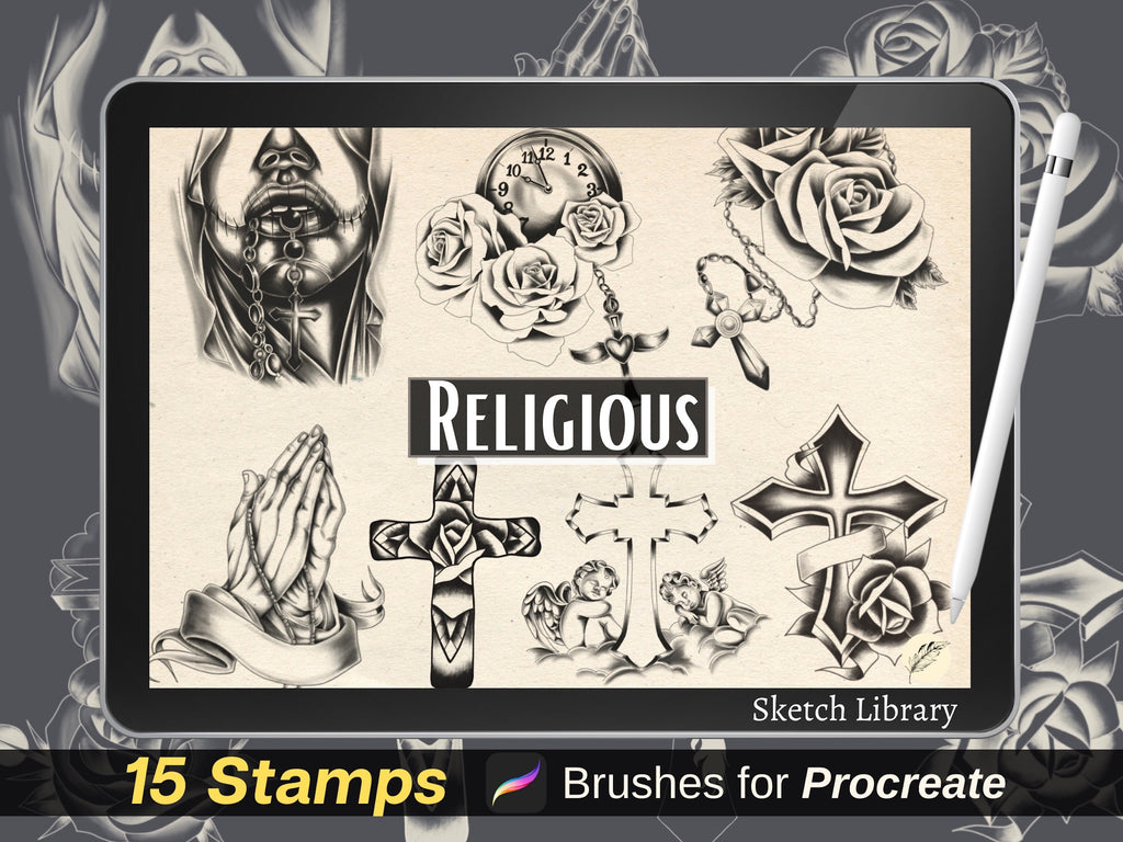 15 Religious cross tattoo stamps, brushes for procreate, rosary