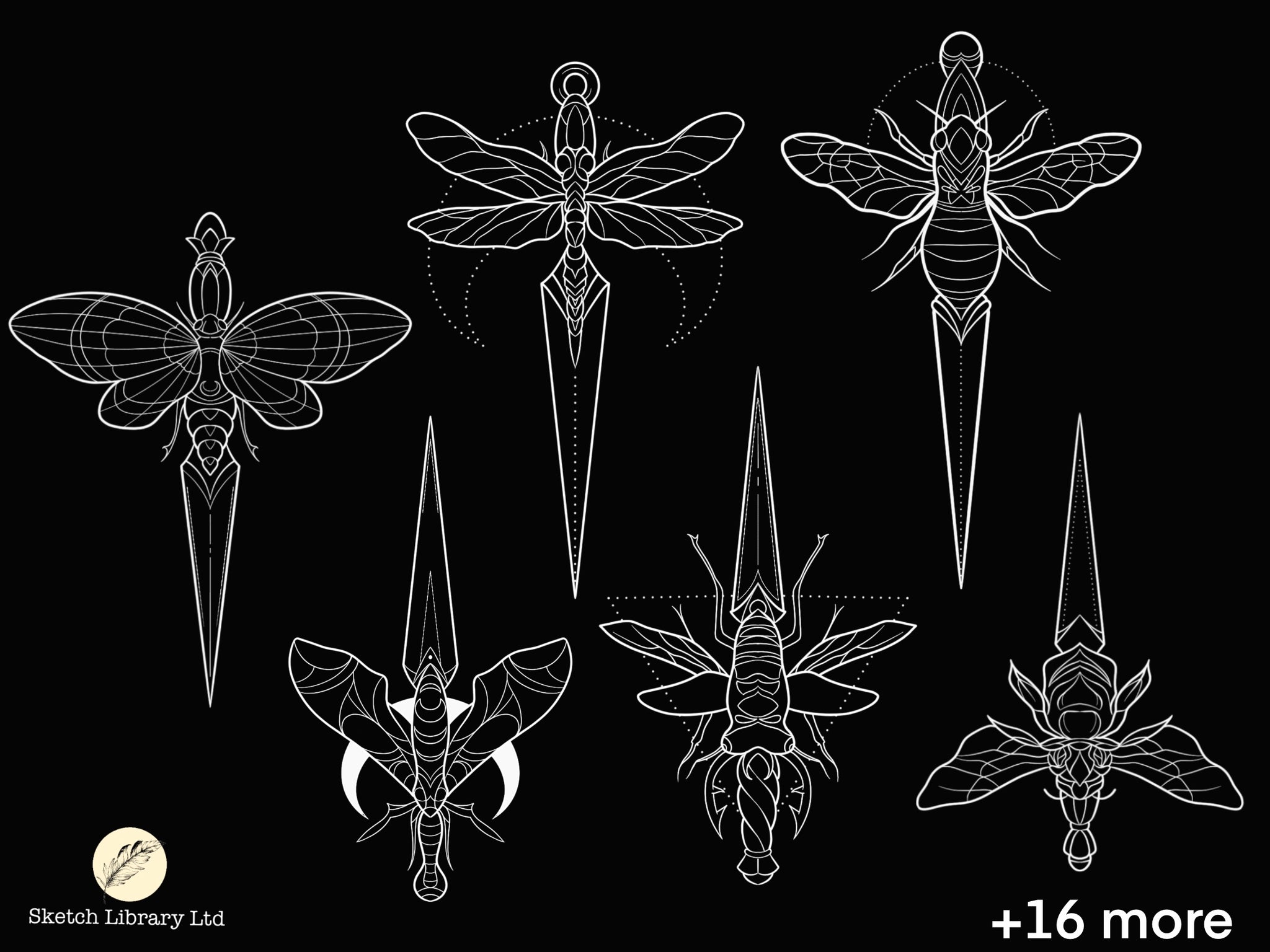 20 Daggers tattoo stamps // Brushes for Procreate, insect, dragonfly, knife,