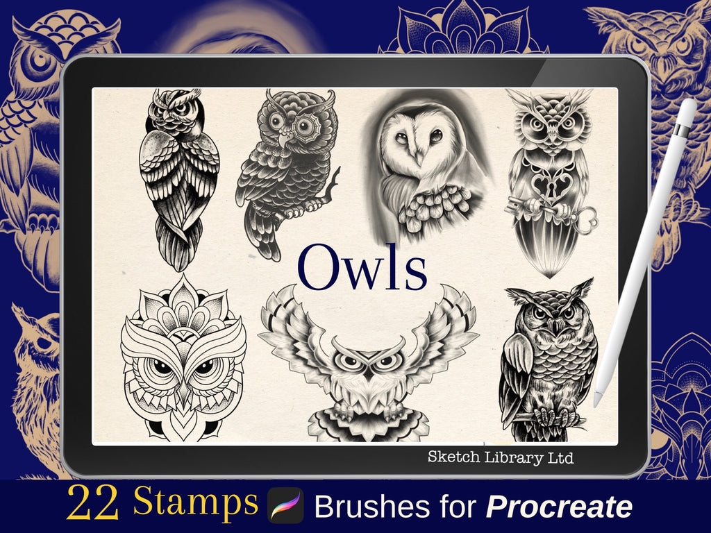 22 owl stamps // Brushes for procreate on ipad, tattoo procreate stamps, birds