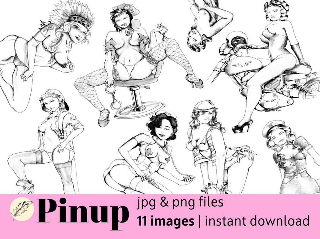 11 Vintage Pinup Digitals Stamps, sexy girls, coloring book, jpg & png files, commercial use