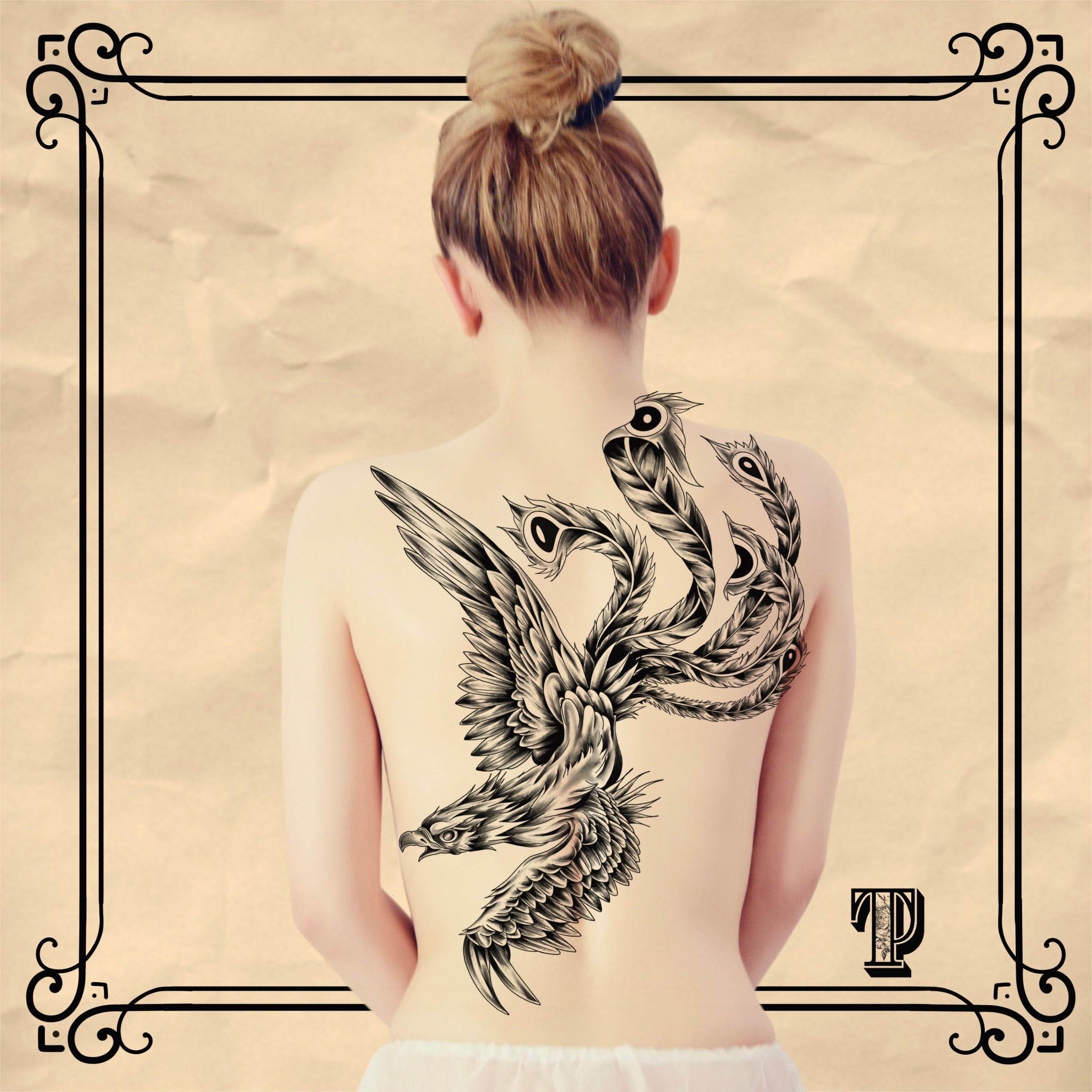 Black and White Phoenix Tattoo Design with Floral Accents