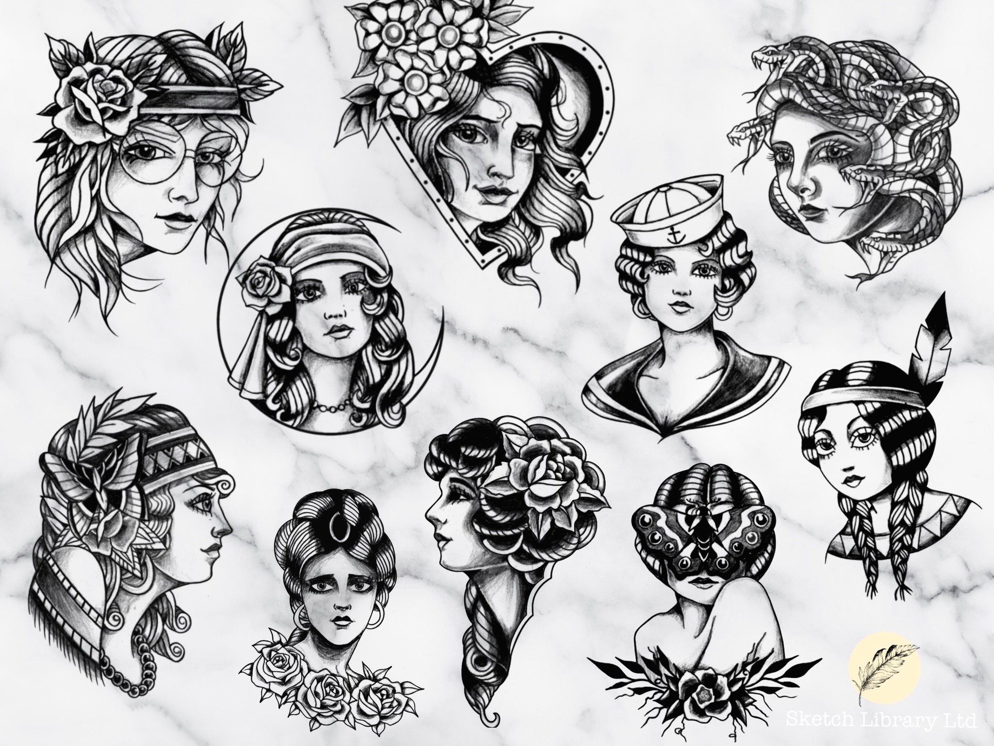 18 Traditional Girls Tattoo stamps // Brushes for Procreate