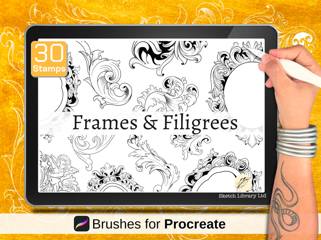 Frames &amp; Filigrees Tattoo set // 30 Brushes for Procreate, tampons, iPad, pochoir de tatouage, brushset, conception de tatouage