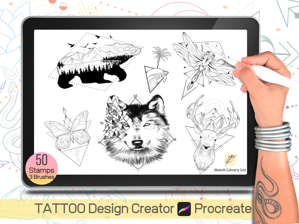 TATTOO CREATOR animaux, insectes &amp; formes géométriques - 50 Pinceaux pour Procreate, tatouage