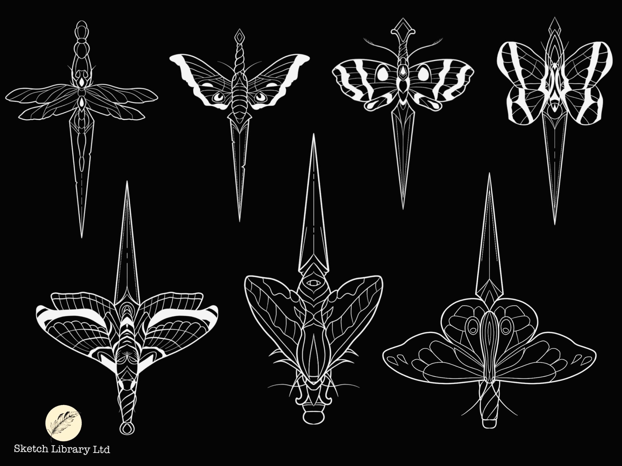 20 Daggers tattoo stamps // Brushes for Procreate, insect, dragonfly, knife,