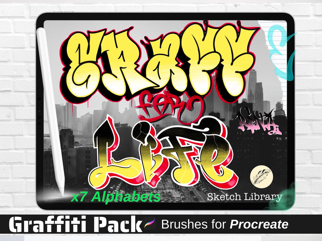 GRAFFITI PACK, 7 GRAFFITI vol.1 Alphabets, fonts, brushes for Procreate, stamps, calligraphy, chicano