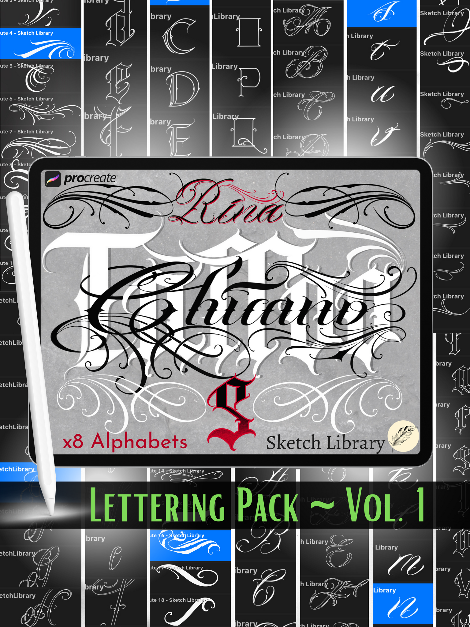 Chicano Lettering Maxi Pack : 208 Tattoo Letters, 8 brush p TATTOO PROCREATE