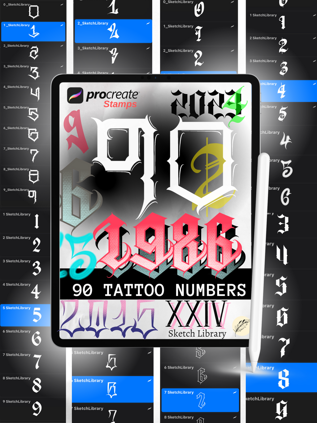 90 Numbers Chicano &amp; Graffiti Style Brushes pour Procréer, tatouage, calligraphie, licence commerciale