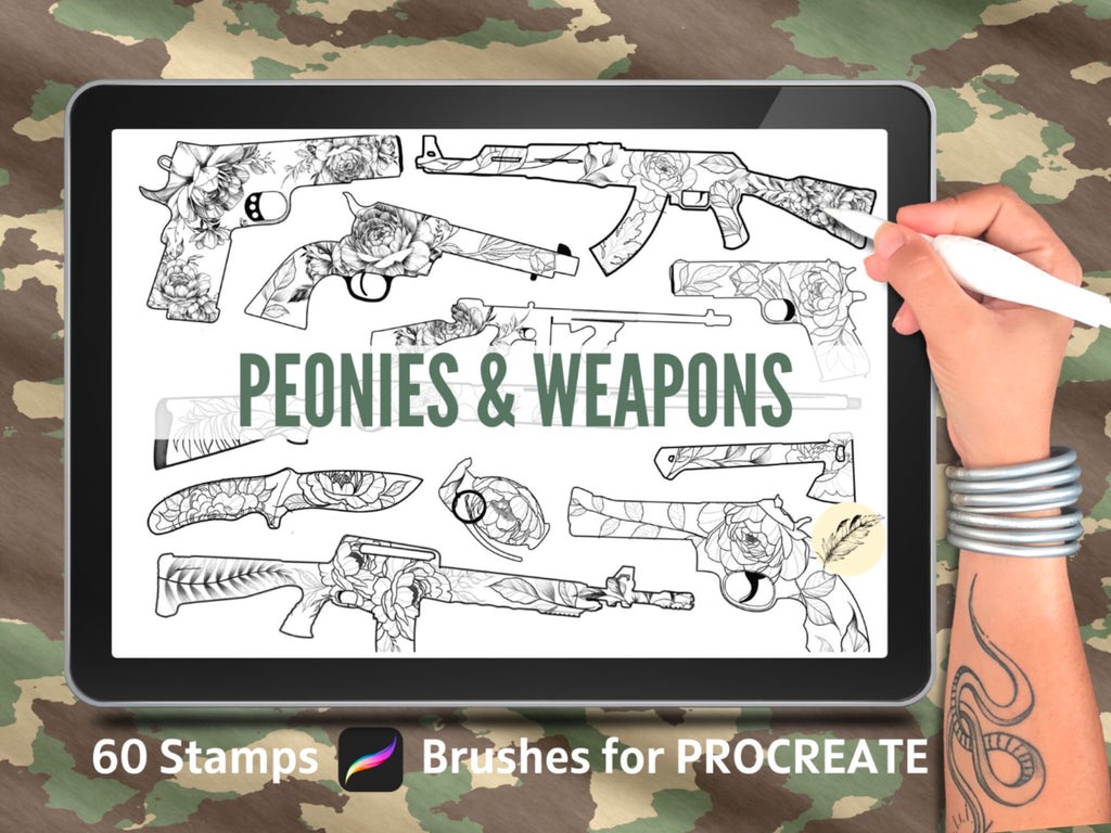 Peony & Weapons Armory tattoo set // 60 Brushes for Procreate