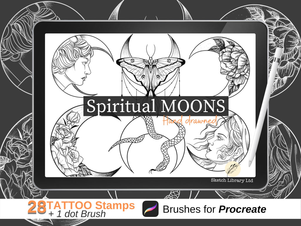 28 Stamps Tattoo Moons // Brushes for procreate, mandala, floral, female faces, insects, gypsy woman