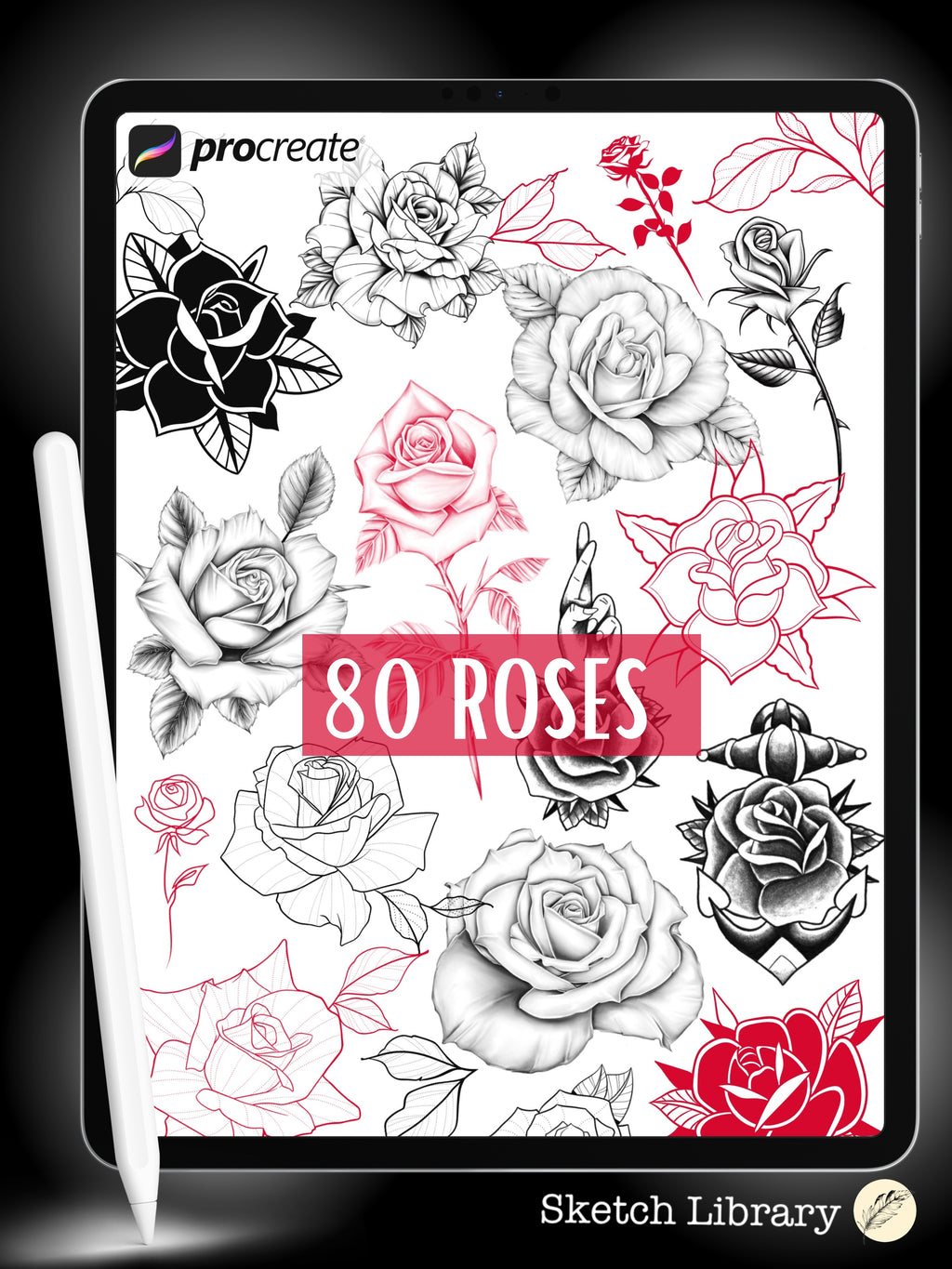 80 Roses & 32 Leaves Tattoo stamps // Brushes for Procreate, flower, fine work, commercial license