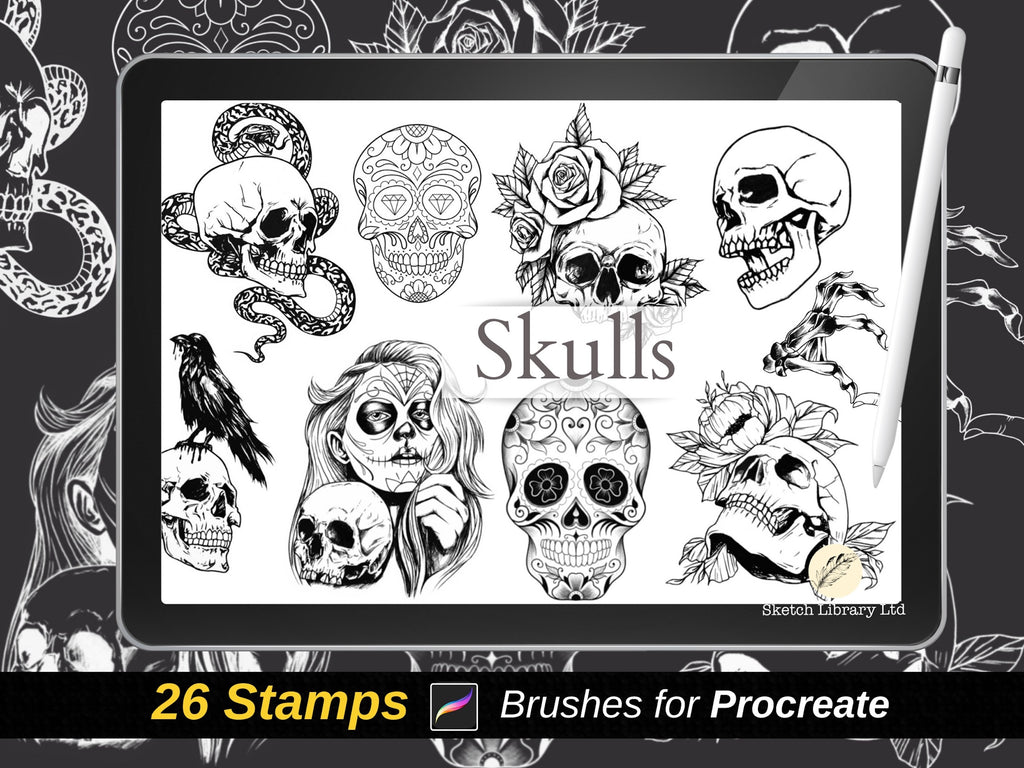 26 tampons de tatouage de crânes // Pinceaux pour procréer, tampon de procréation, pochoir de tatouage, crâne de sucre