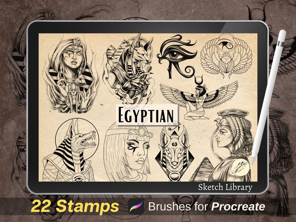 23 Egyptian Mythology -  Brushes for Procreate, pyramid, egyptian mythpology, Anubis, Cleopatra, Orus, Pharaoh, tattoo design