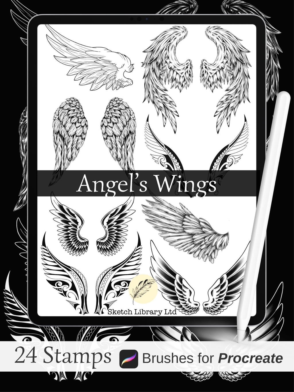 24 Angel’s Wings Brushes for procreate //  tattoo stamps on Ipad &amp; Ipad pro