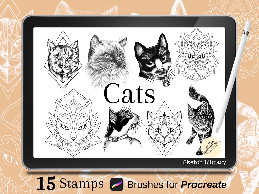 15 Cats procreate tattoo stamps, Brushes for procreate