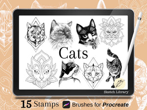 15 Cats procreate tattoo stamps, Brushes for procreate
