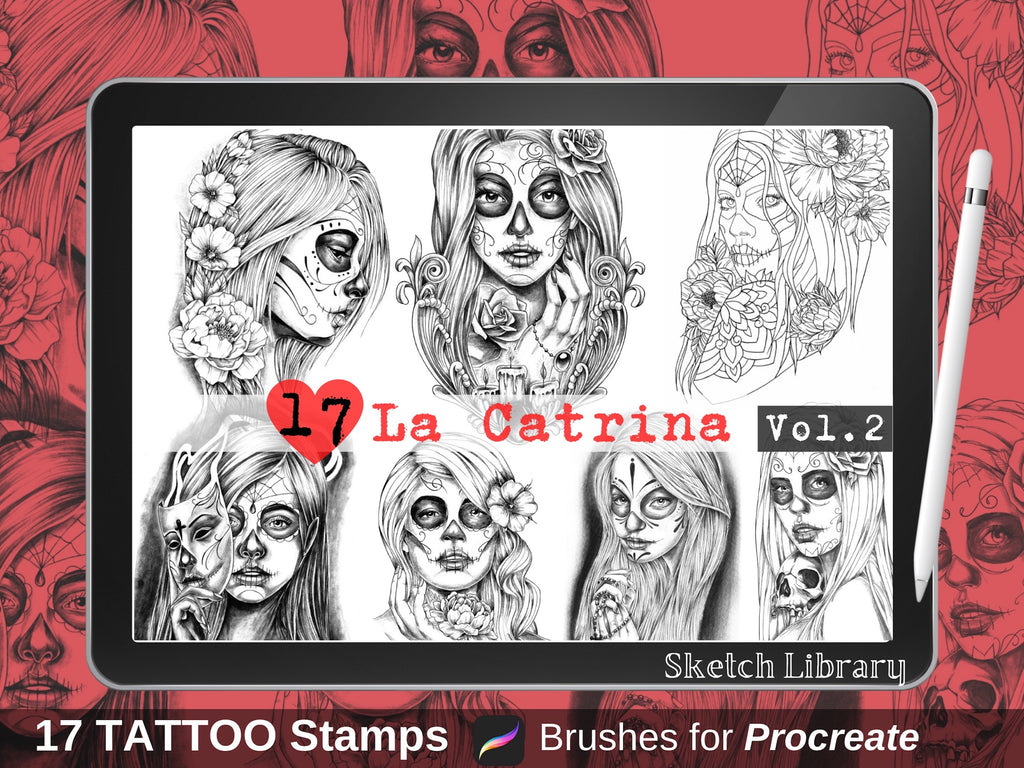 17 timbres de procréation La Catrina Tattoo Vol.2, pinceaux pour procréer, pochoir de tatouage