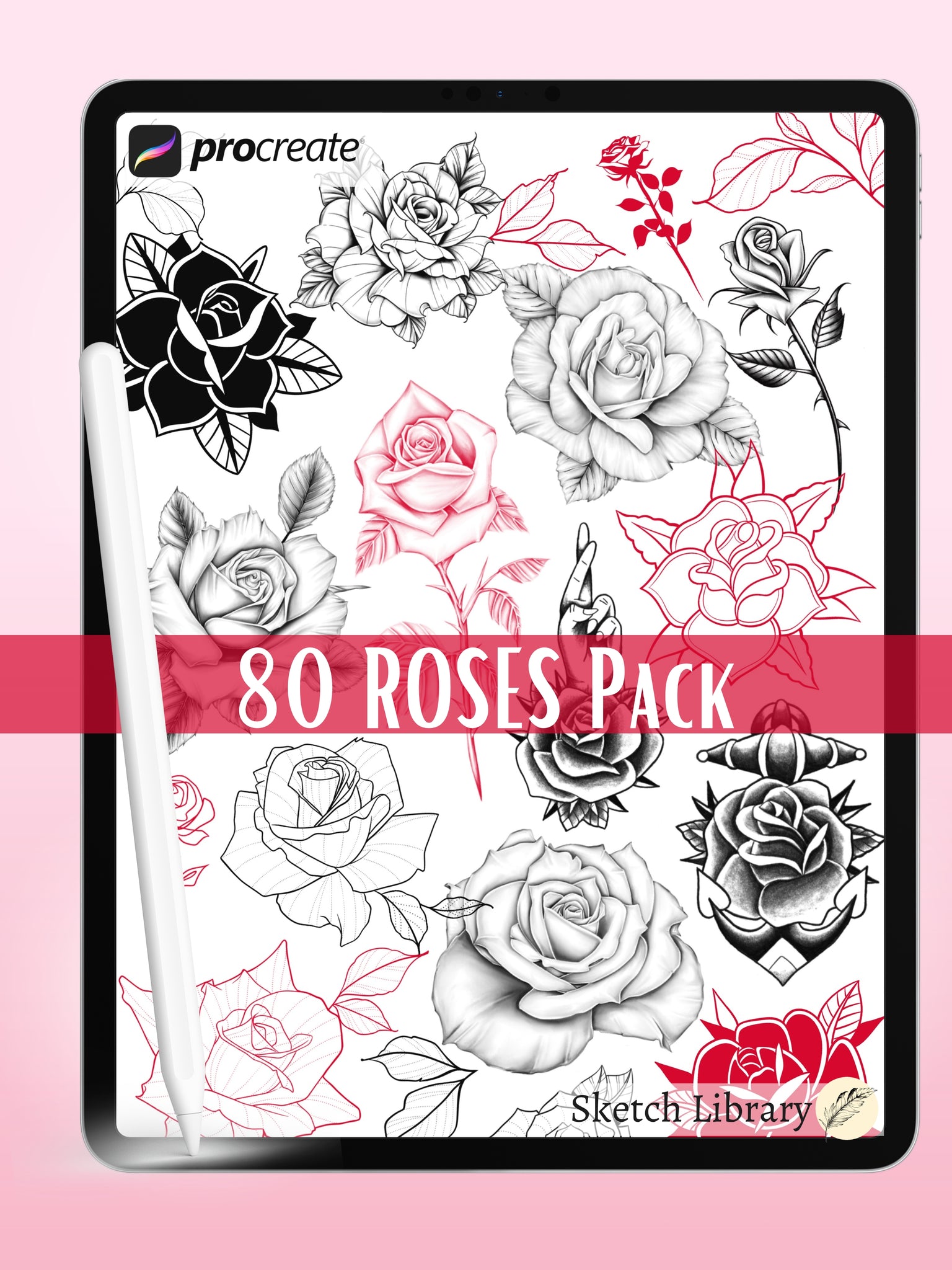 80 timbres de tatouage roses et 32 ​​feuilles // Pinceaux pour procréer, fleur, beau travail, licence commerciale