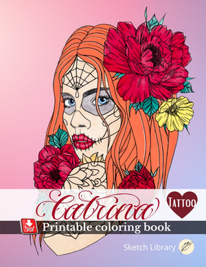 Livre de coloriage numérique et imprimable, tatouage 30 La Catrina, conception de tatouage flash, Dia de Muertos