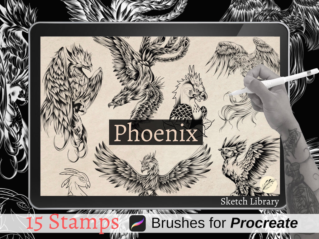 15 Phoenix tattoo stamps // Brushes for procreate, outline drawing for tattoo stencil