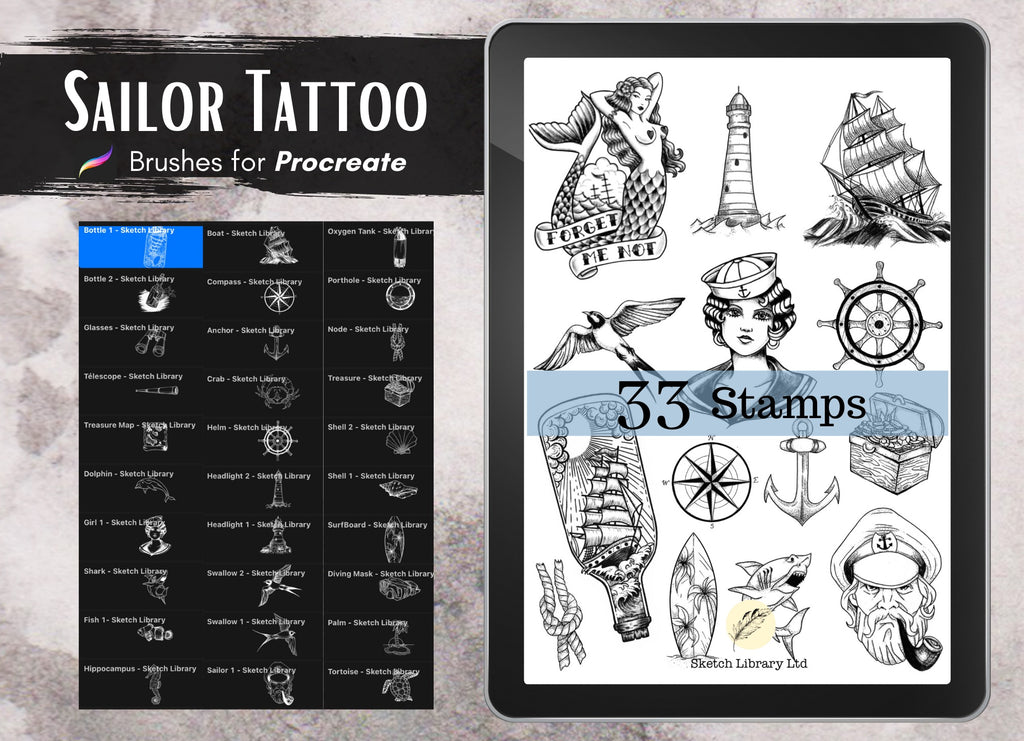 33 tampons de tatouage marin + 1 pinceau Dotwork // Pinceaux pour procréer, tampons numériques de tatouage pour iPad, pochoir de tatouage
